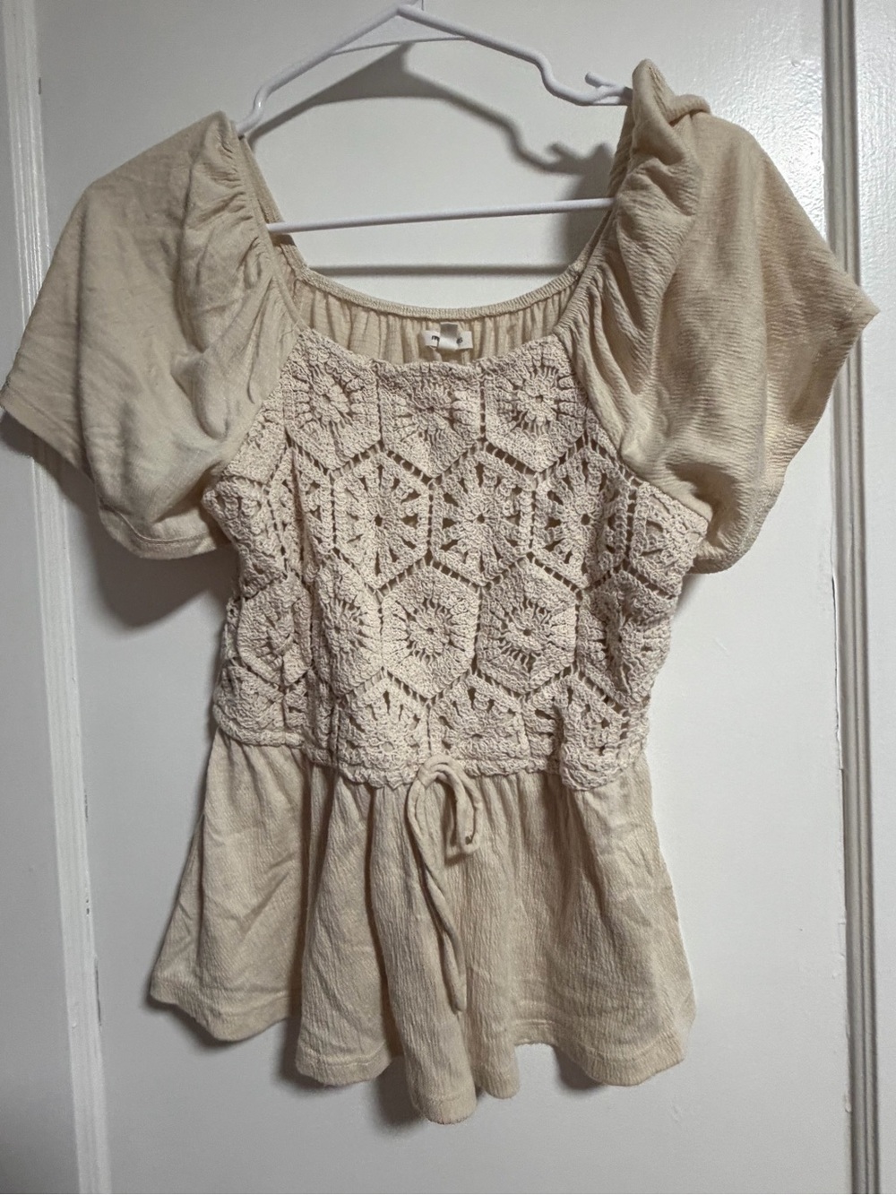 Maurices Cream Crochet-Paneled Peplum Top